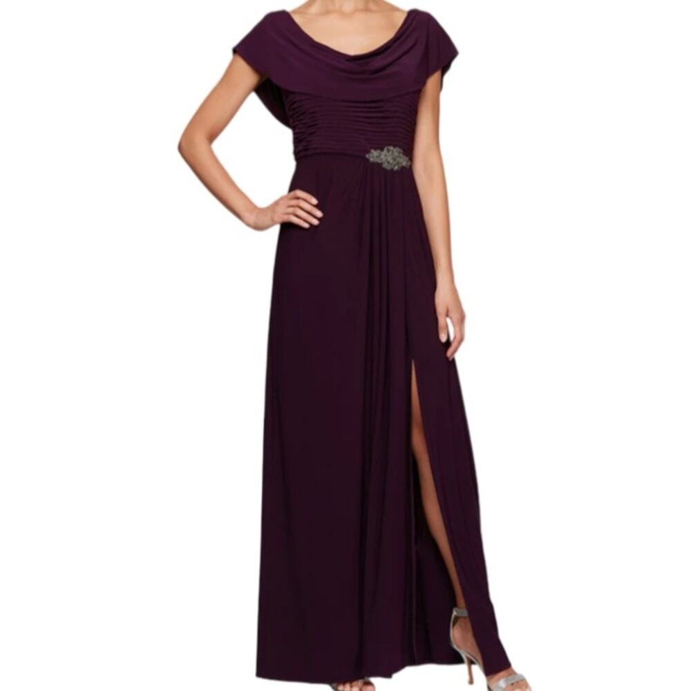 Alex Evenings Women's Long Cowl Neck A Line Dress - Eggplant Size 16